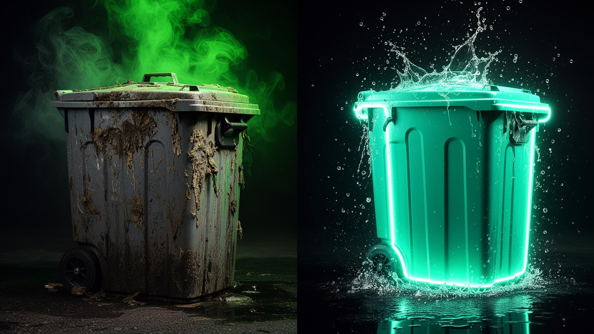 Dirty garbage bin transformed into a sparkling clean glowing bin